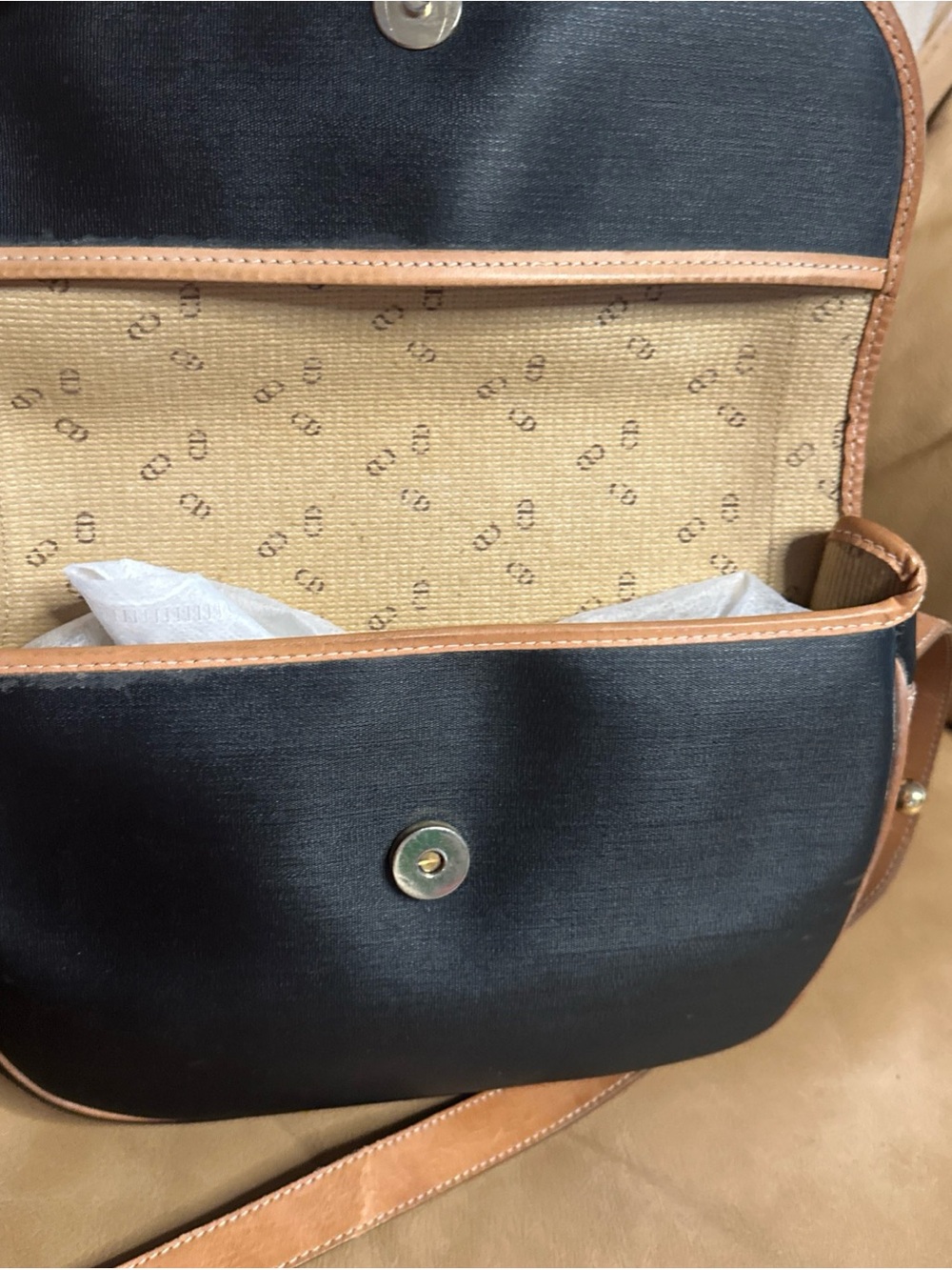 Vintage Christian Dior Black Canvas with Beige Leather Crossbody Saddle Bag - Picture 8 of 16